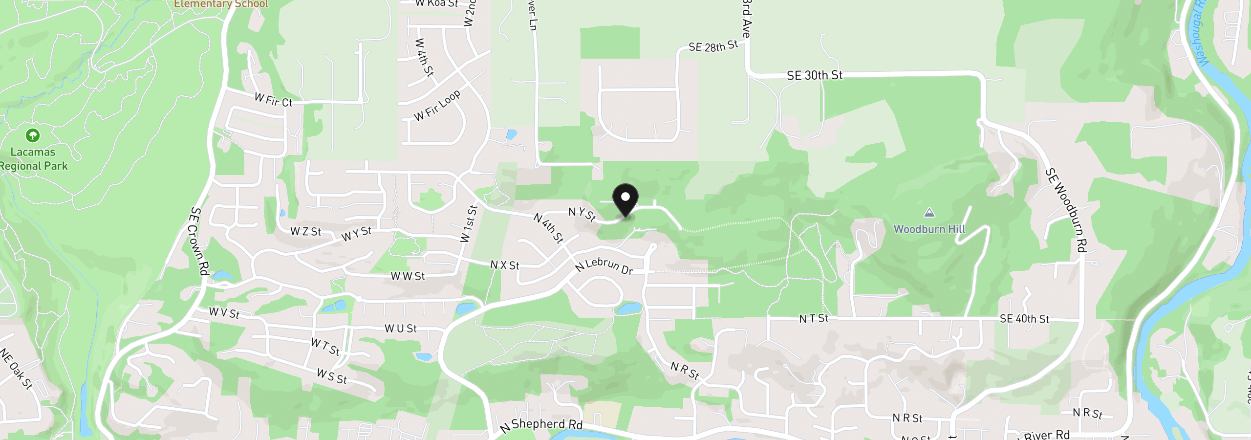 Map showing the location of 520 N Y St, Washougal, Wa 98671