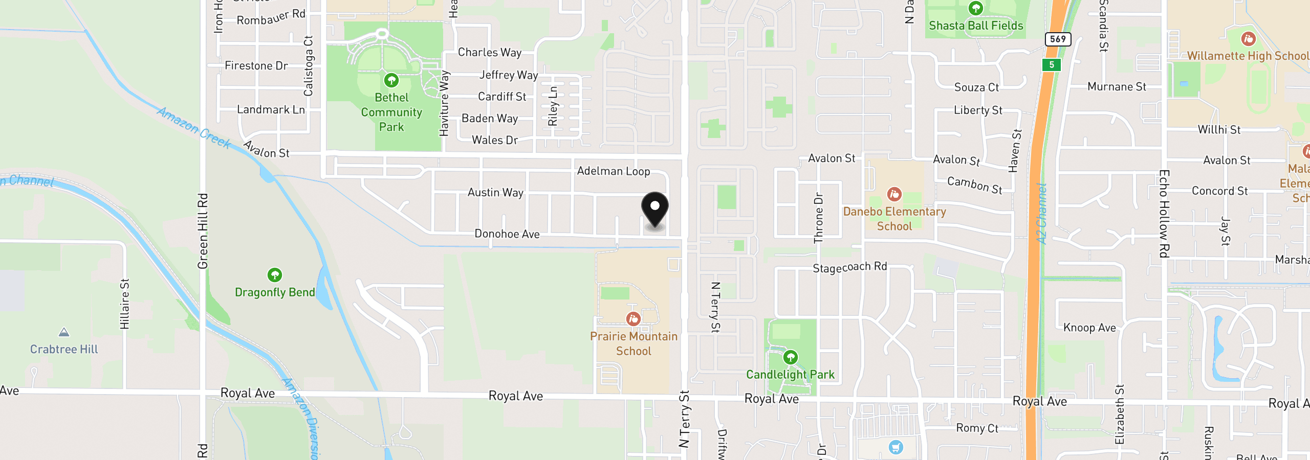 Map showing the location of 5255 Donohoe Ave, Eugene, OR 97402
