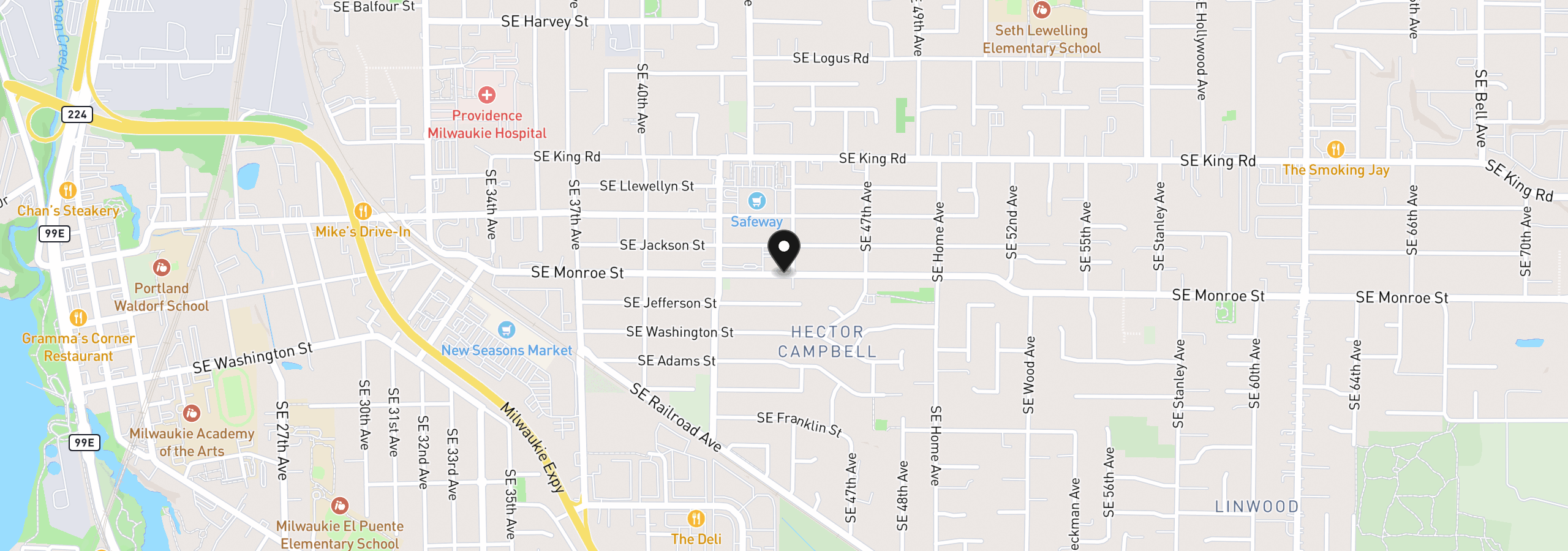 Map showing the location of 4386 SE Monroe St B, Milwaukie, OR 97222