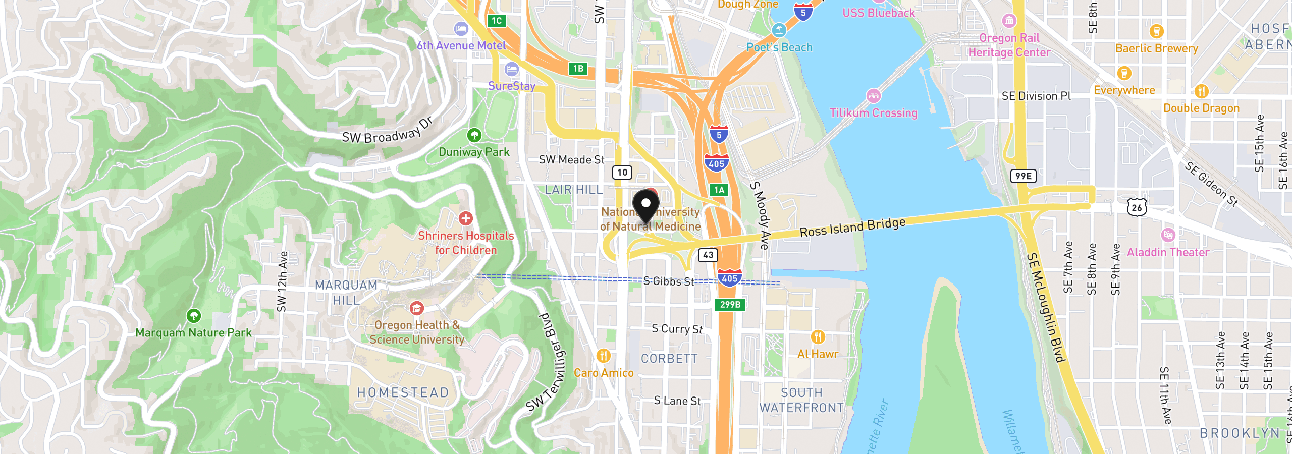 Map showing the location of 0000 S Water Ave, Portland, OR 97201