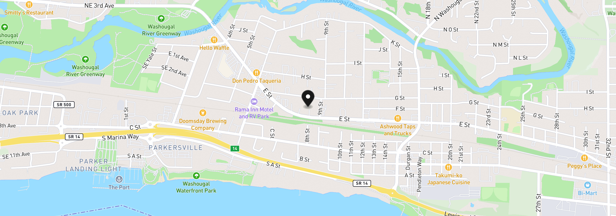 Map showing the location of 853 E St, Washougal, Wa 98671
