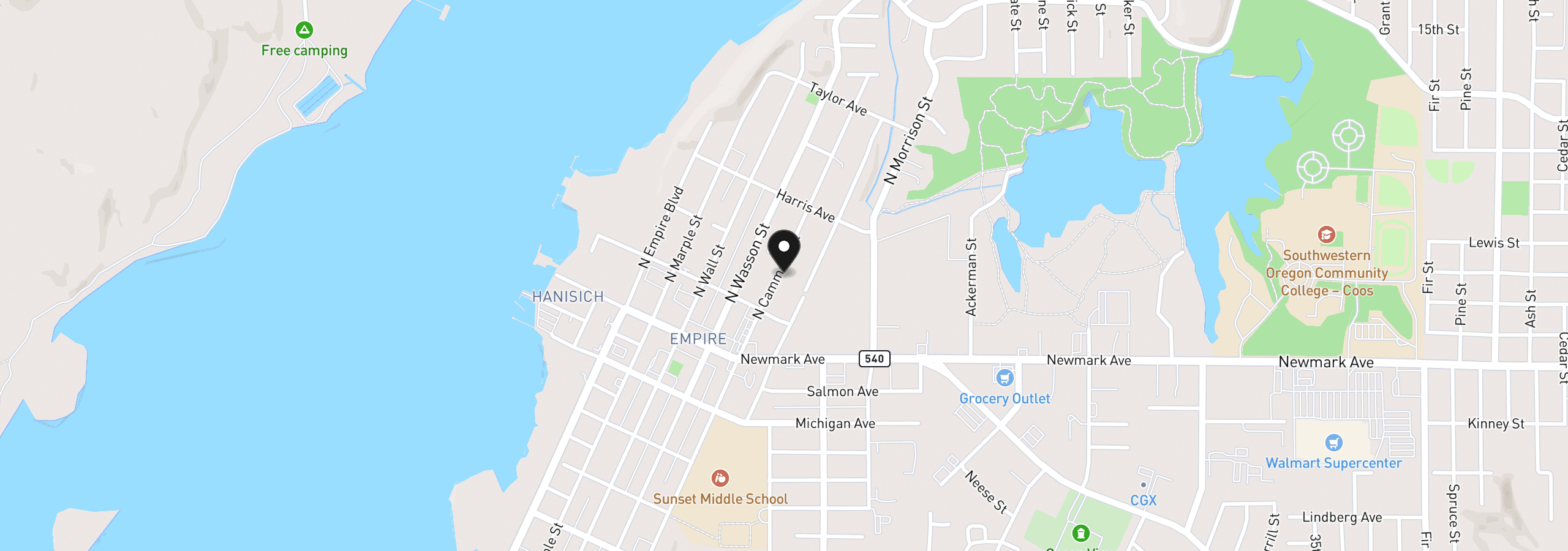 Map showing the location of 0 N Cammann, Coos Bay, OR 97420