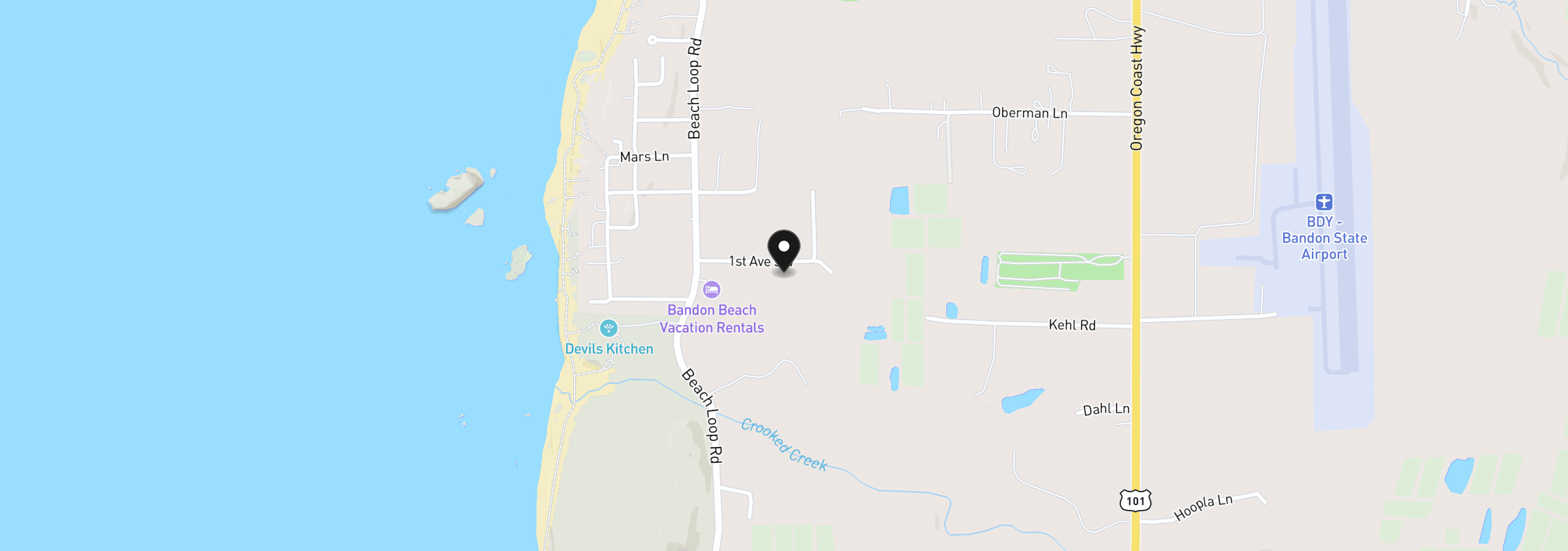 Map showing the location of E Jupiter Ln 1202, Bandon, OR 97411