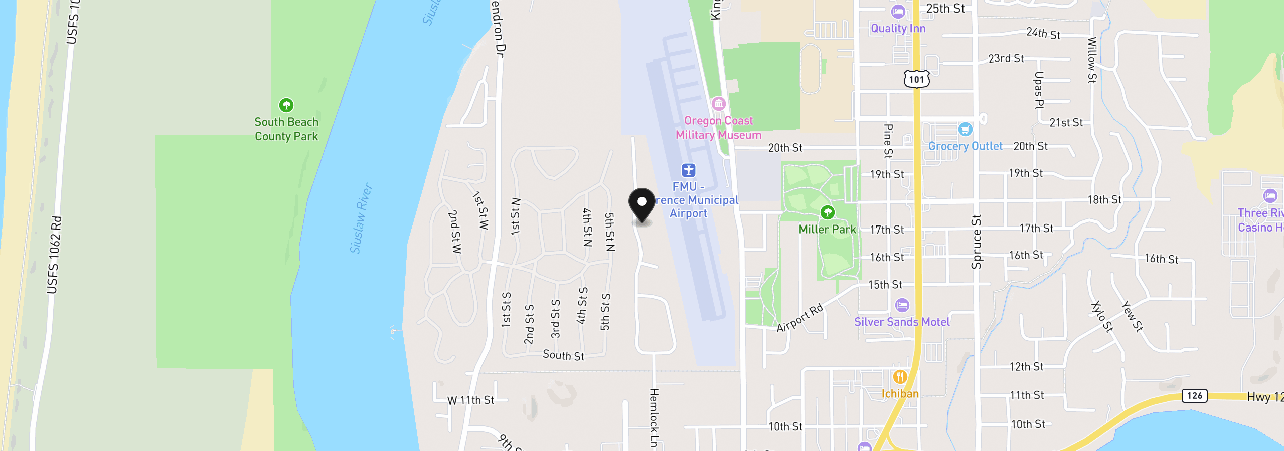 Map showing the location of 48 Park Village Dr, Florence, OR 97439