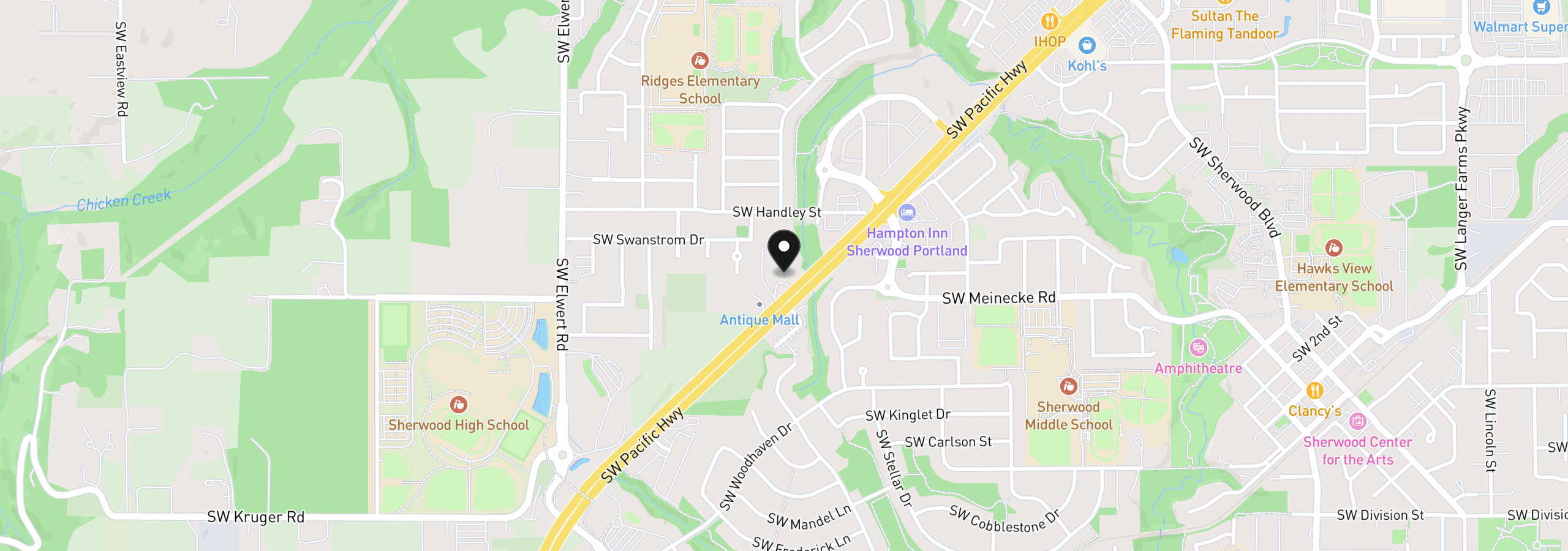 Map showing the location of 22211 SW Pacific Hwy, Sherwood, OR 97140
