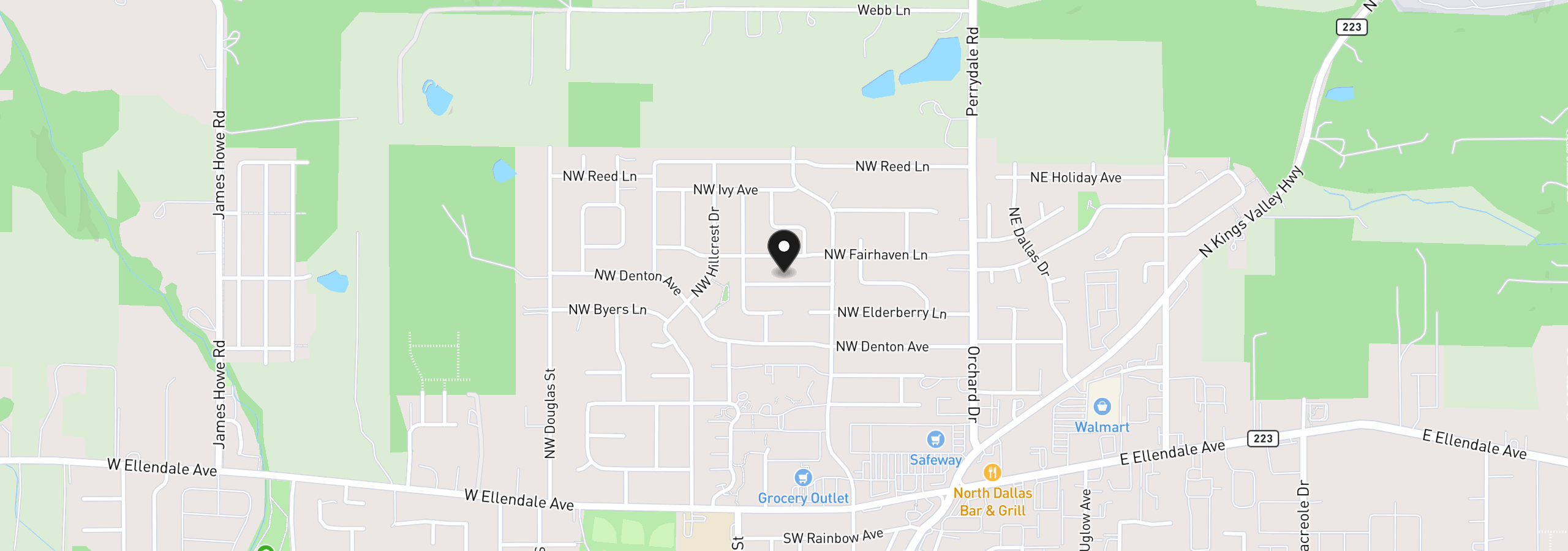 Map showing the location of 338 NW Foxglove St, Dallas, OR 97338