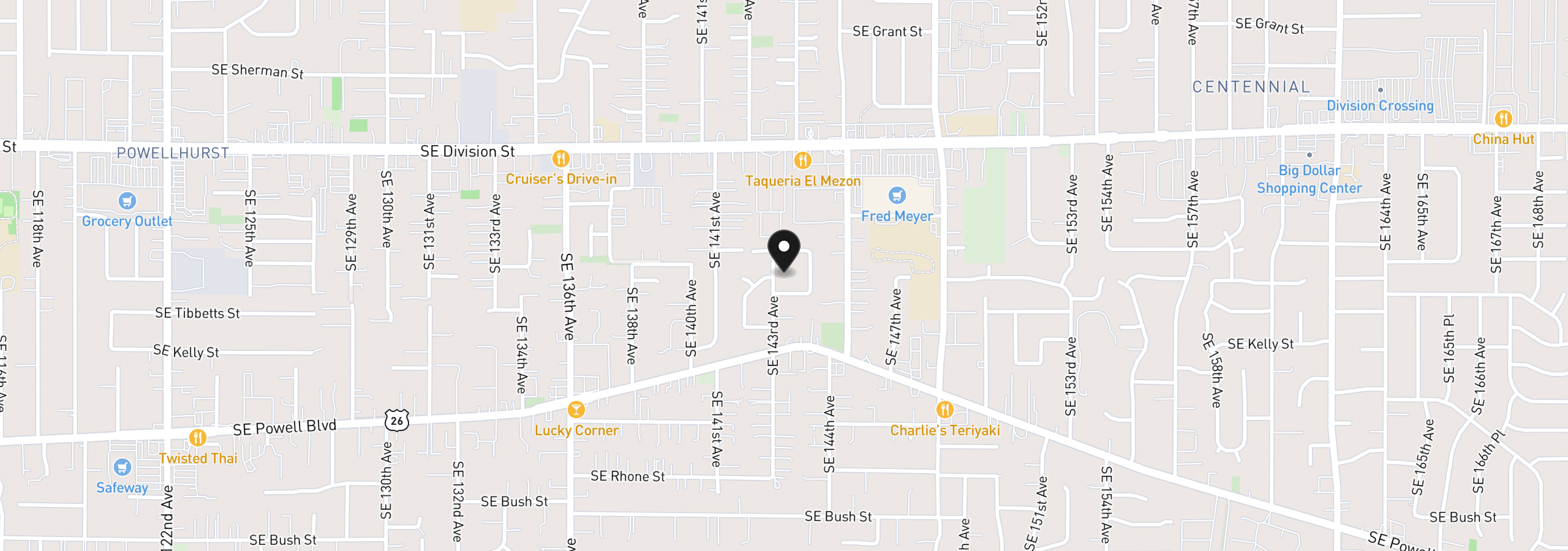 Map showing the location of 2918 SE 143rd Ave, Portland, OR 97236