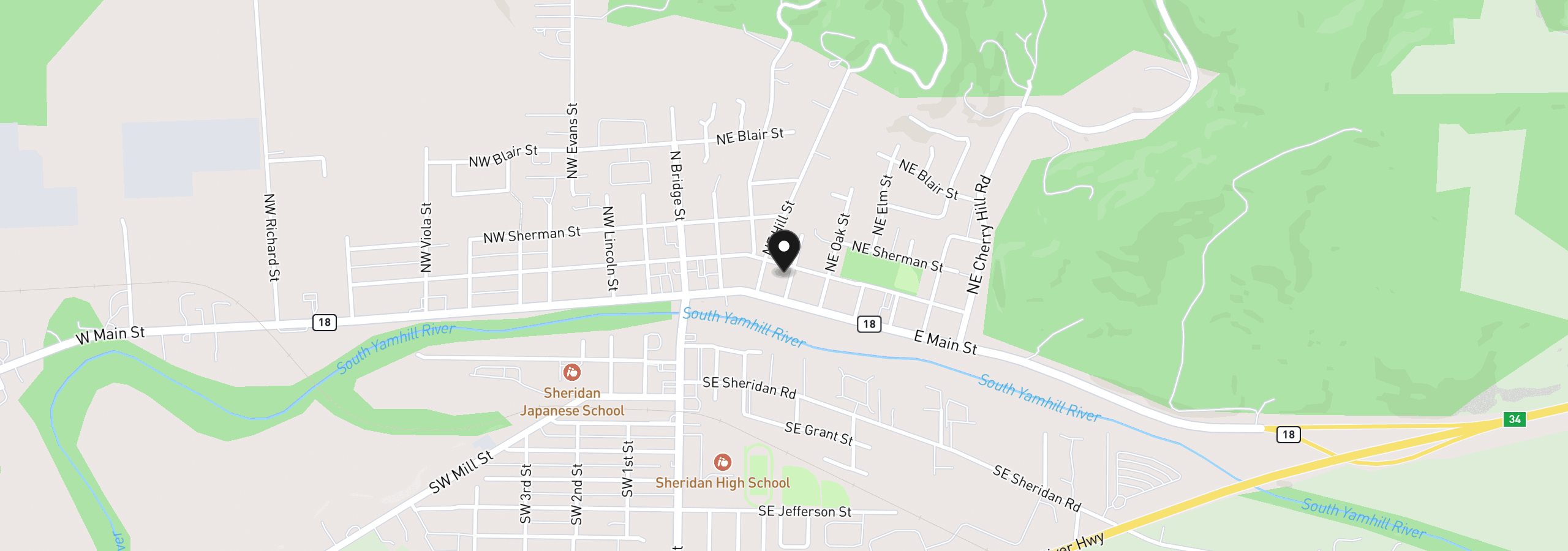 Map showing the location of 136 NE Ash St, Sheridan, OR 97378