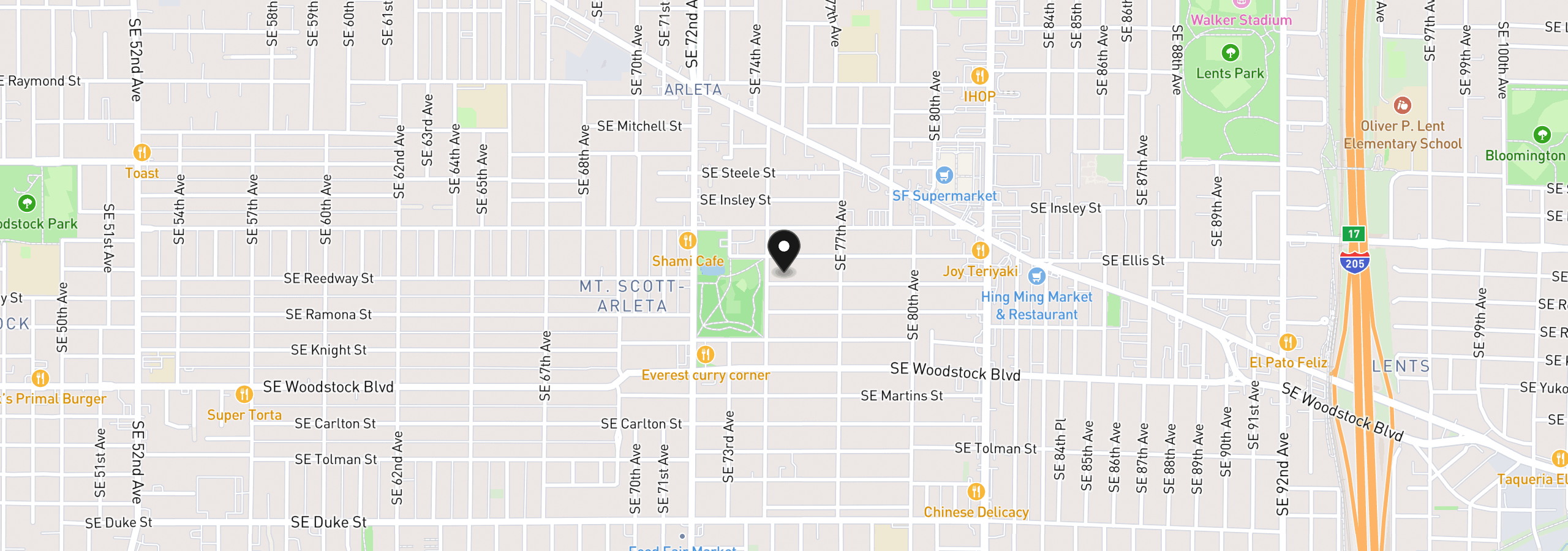 Map showing the location of 7419 SE Reedway St, Portland, OR 97206