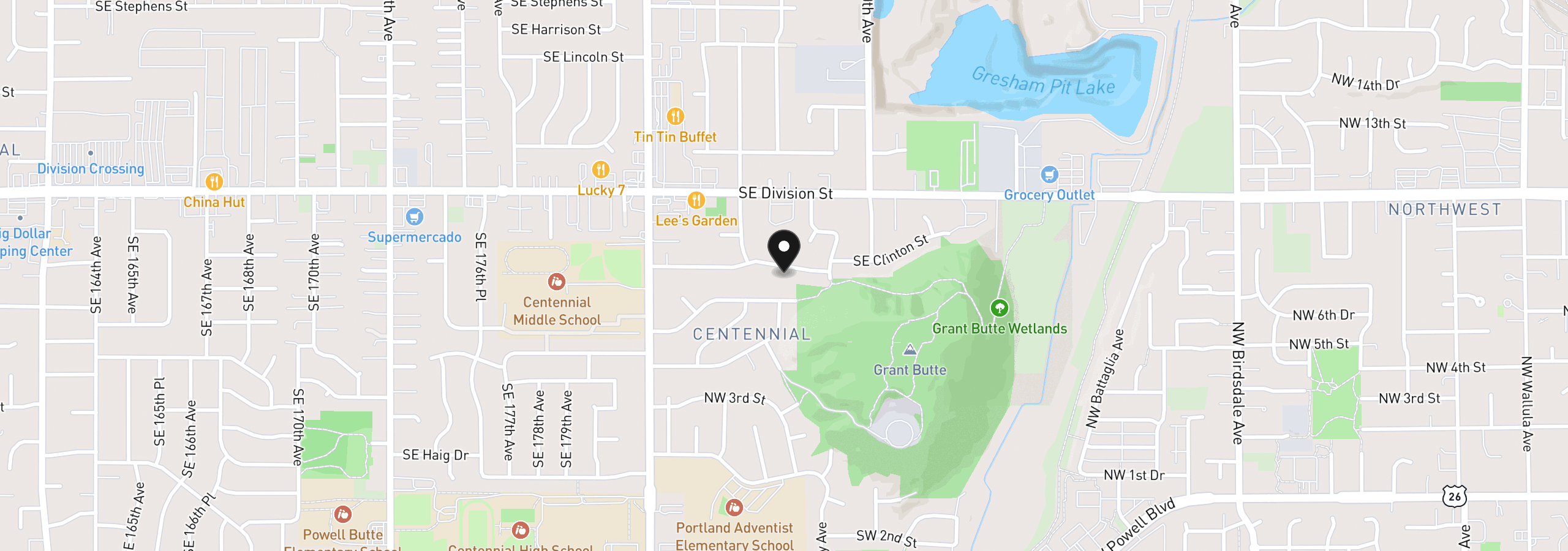 Map showing the location of 18624 SE Clinton St, Gresham, OR 97030