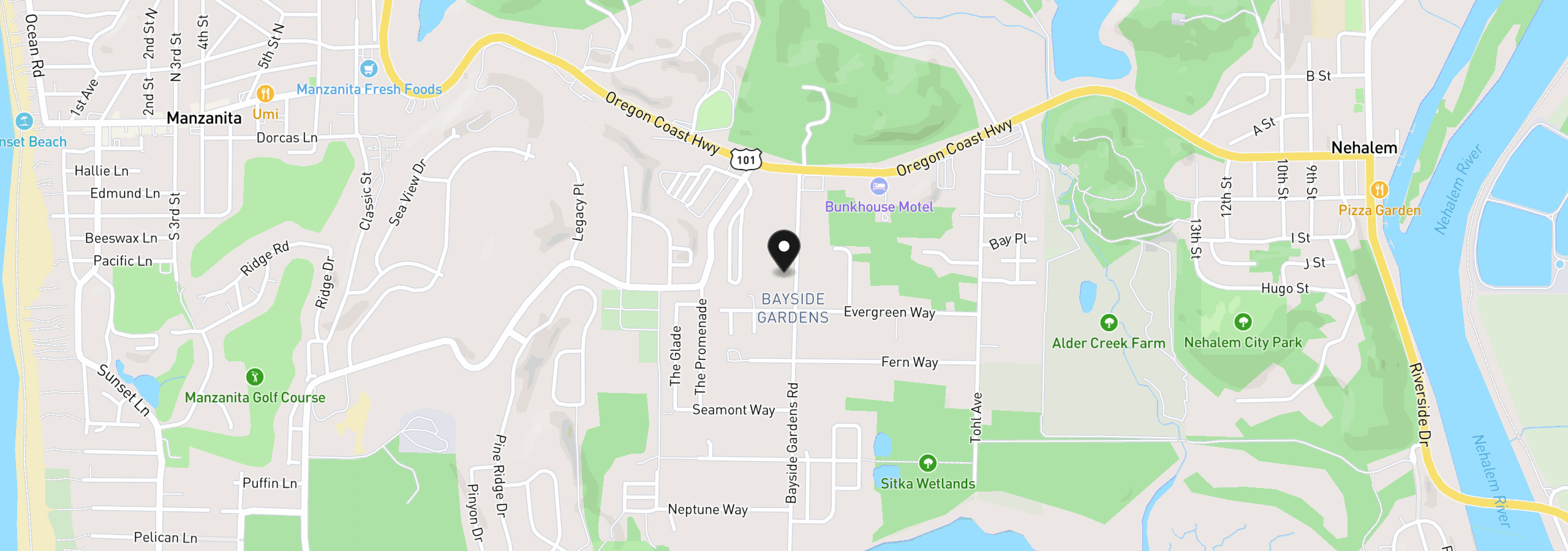 Map showing the location of 35270 Bayside Gardens Rd, Nehalem, OR 97131