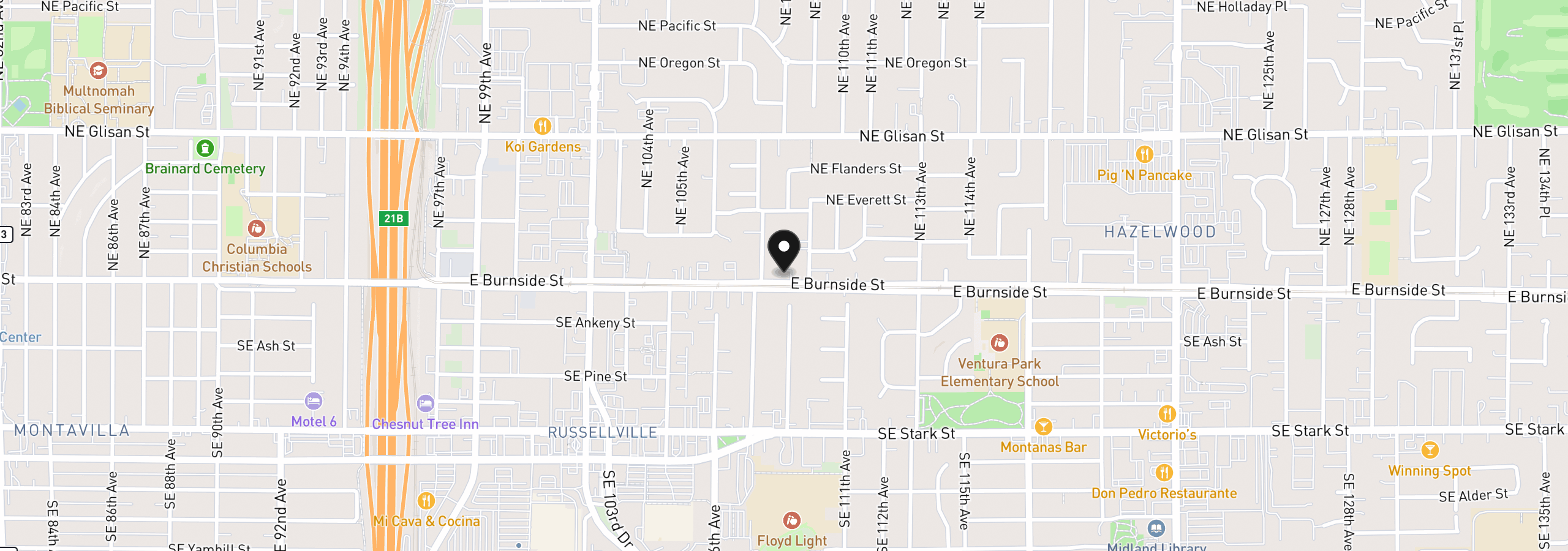 Map showing the location of 10827 E Burnside St, Portland, OR 97216