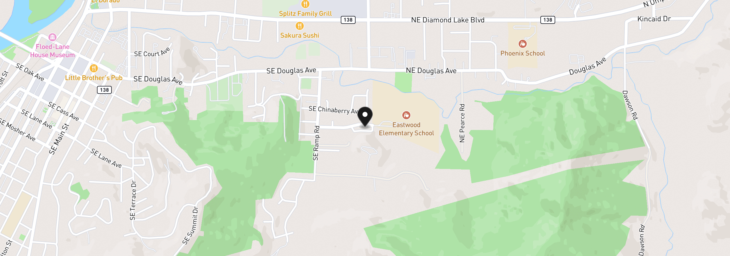 Map showing the location of 2489 SE Waldon Ave, Roseburg, OR 97470