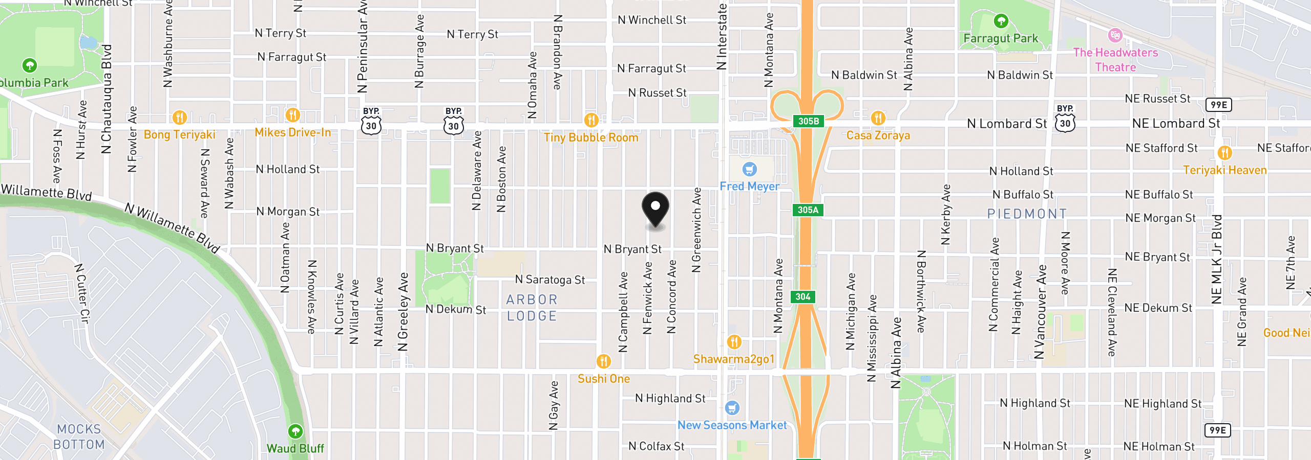 Map showing the location of 7034 N Fenwick Ave, Portland, OR 97217