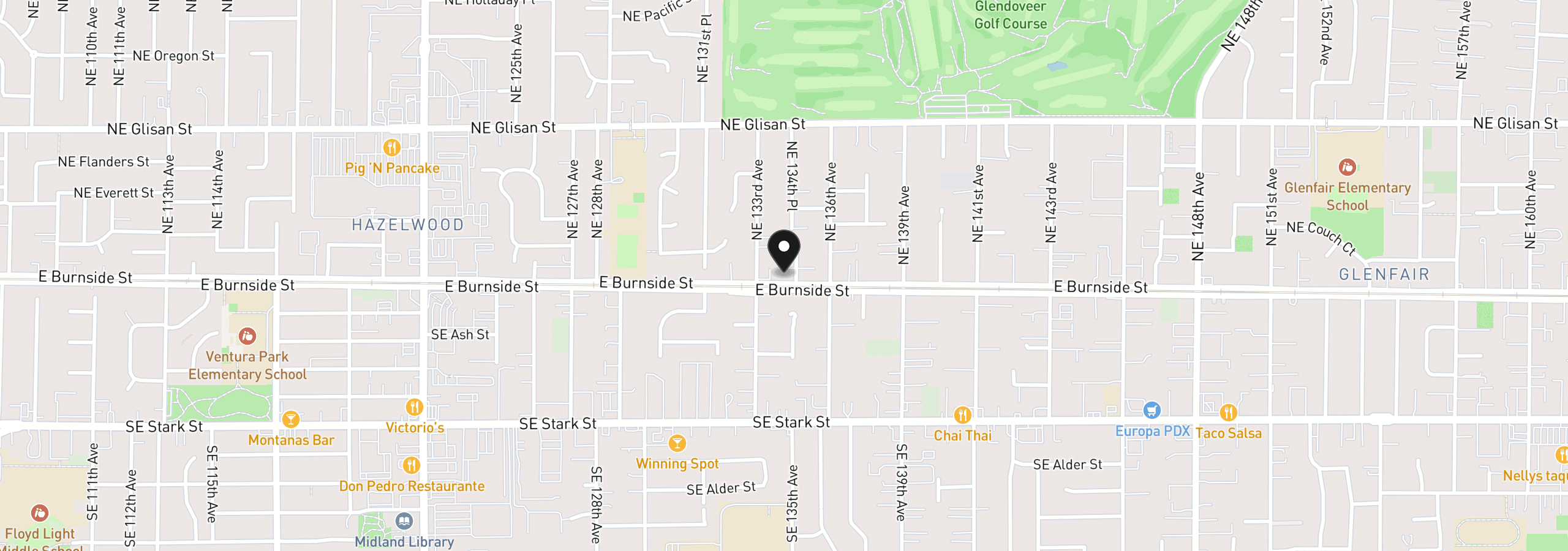 Map showing the location of 31 NE 134th Pl, Portland, OR 97230