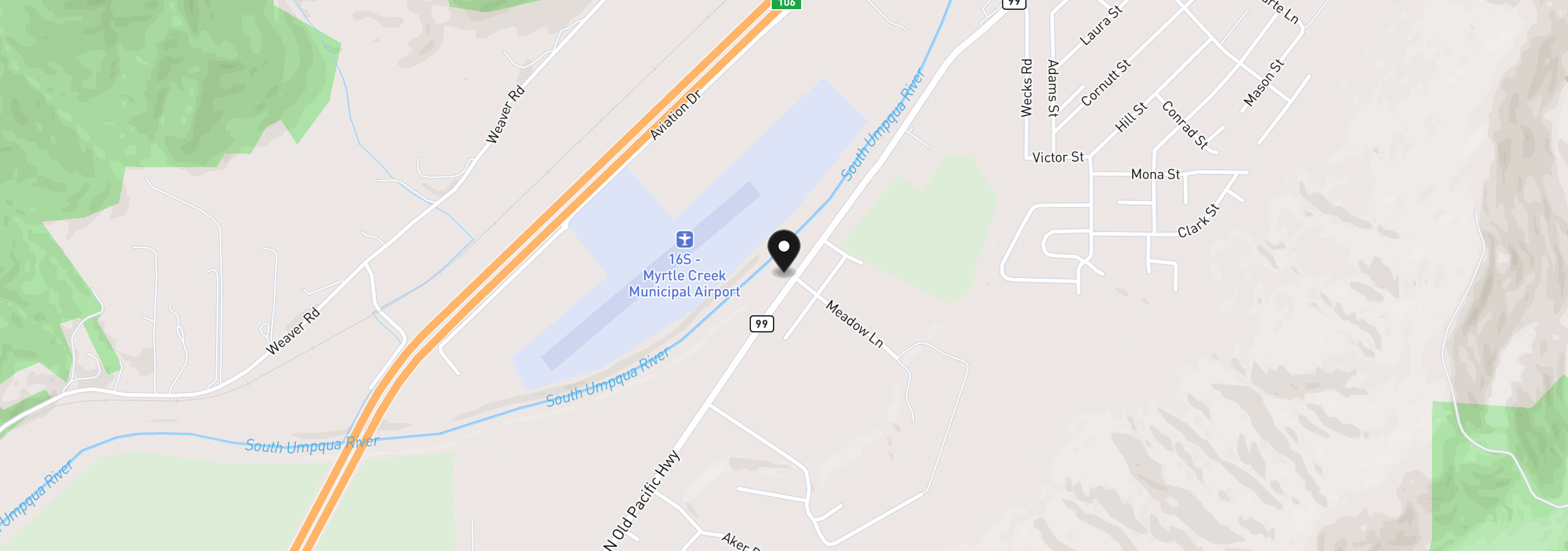 Map showing the location of 639 N Old Pacific Hwy, Myrtle Creek, OR 97457