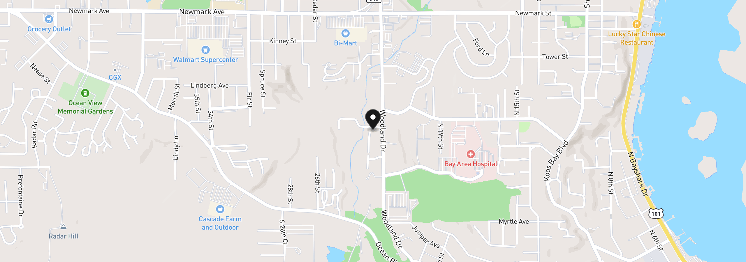 Map showing the location of 2501 Creekside Ln, North Bend, OR 97459