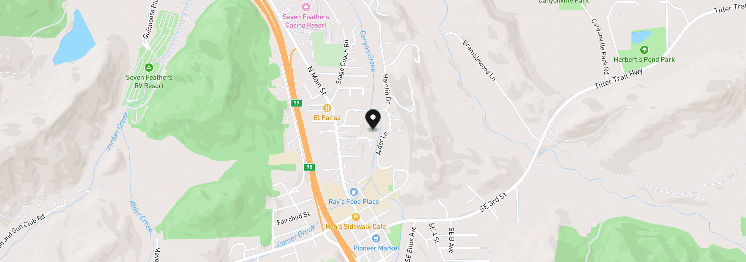 Map showing the location of 185 Ecklund St, Canyonville, OR 97417