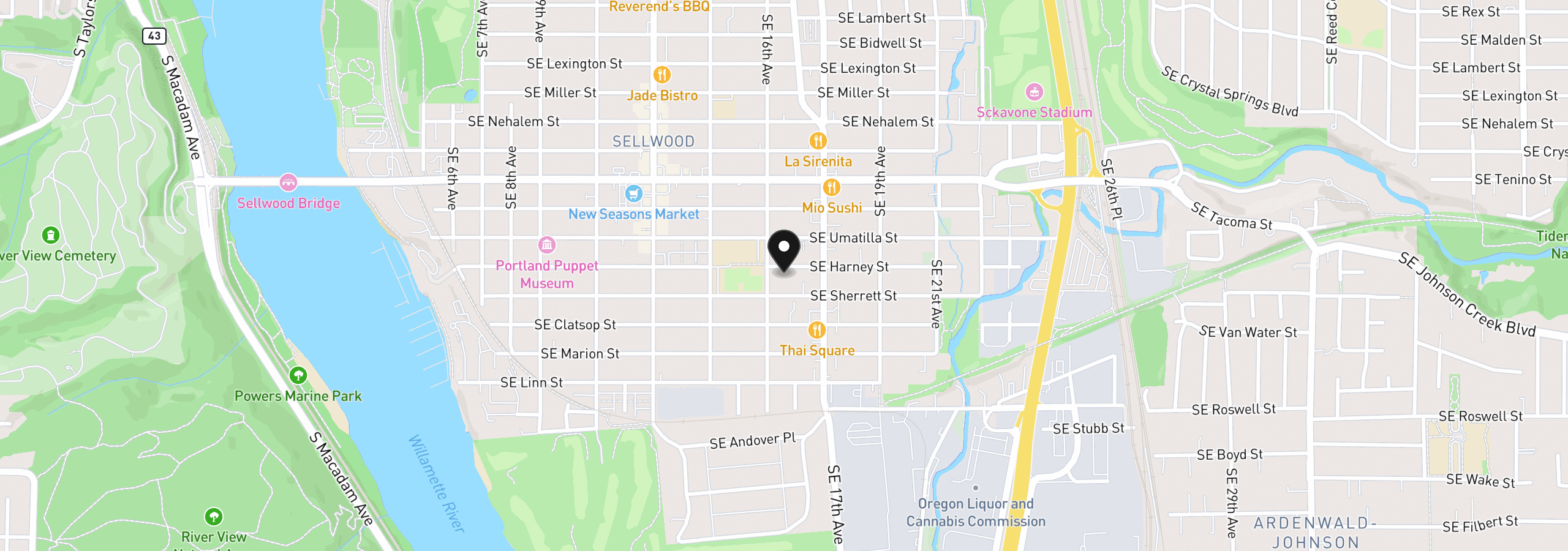 Map showing the location of 1622 SE Harney St, Portland, OR 97202