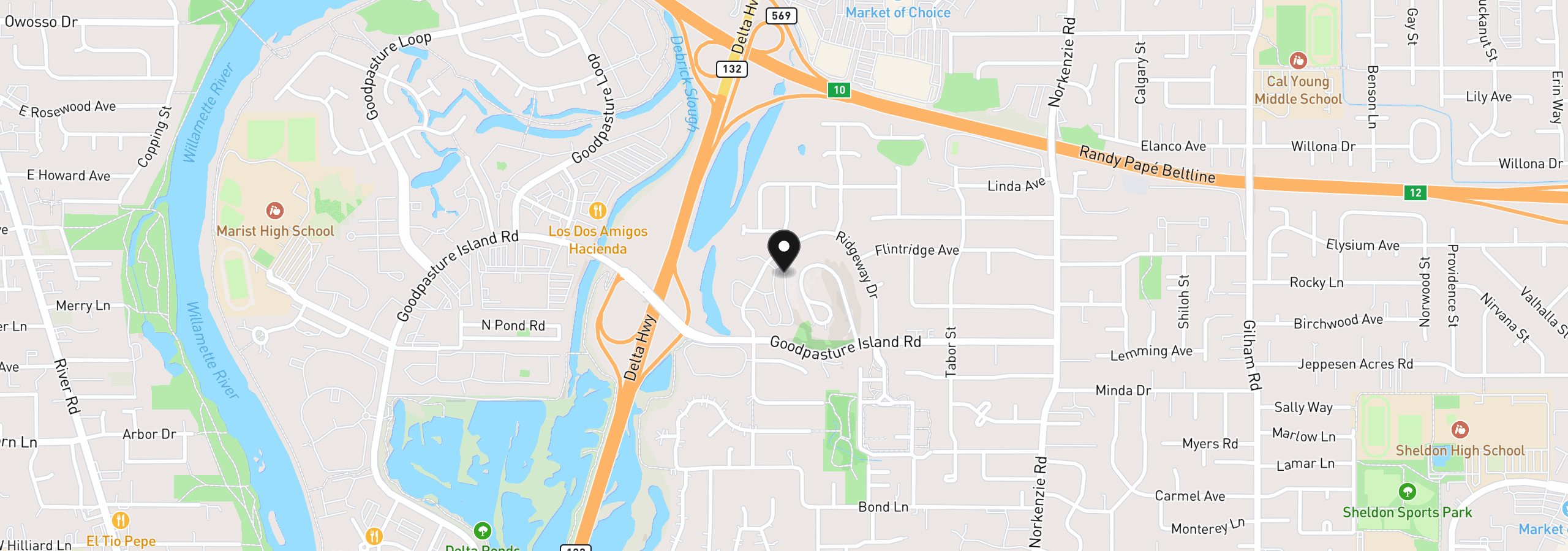Map showing the location of 2221 Ridgeway Dr, Eugene, OR 97401