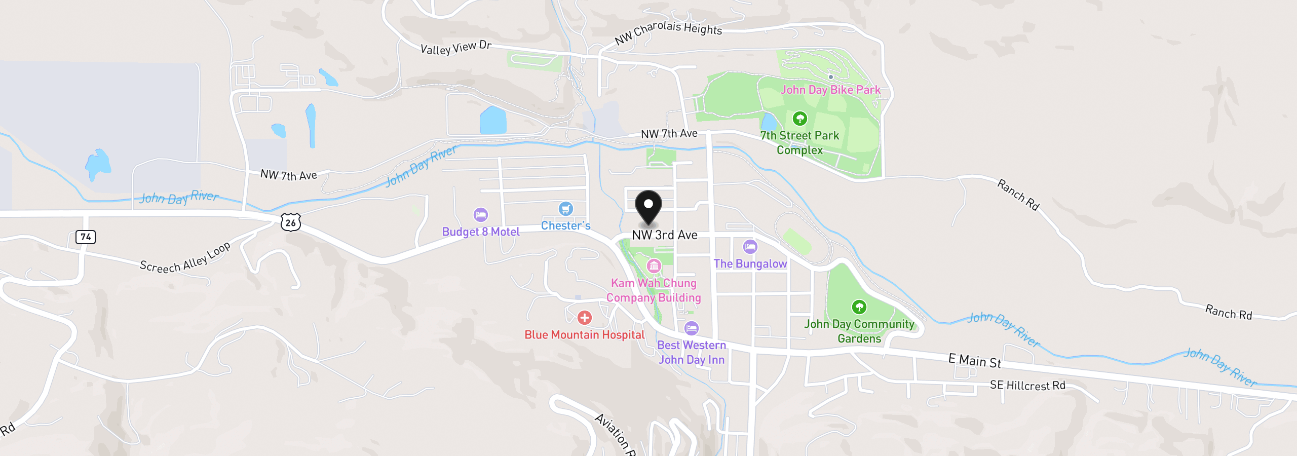 Map showing the location of 311 NW 3rd Ave, John Day, OR 97845