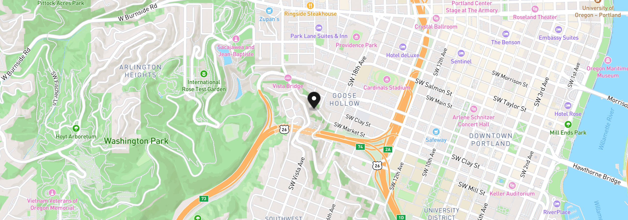 Map showing the location of 2020 SW Market Street Dr 102, Portland, OR 97201