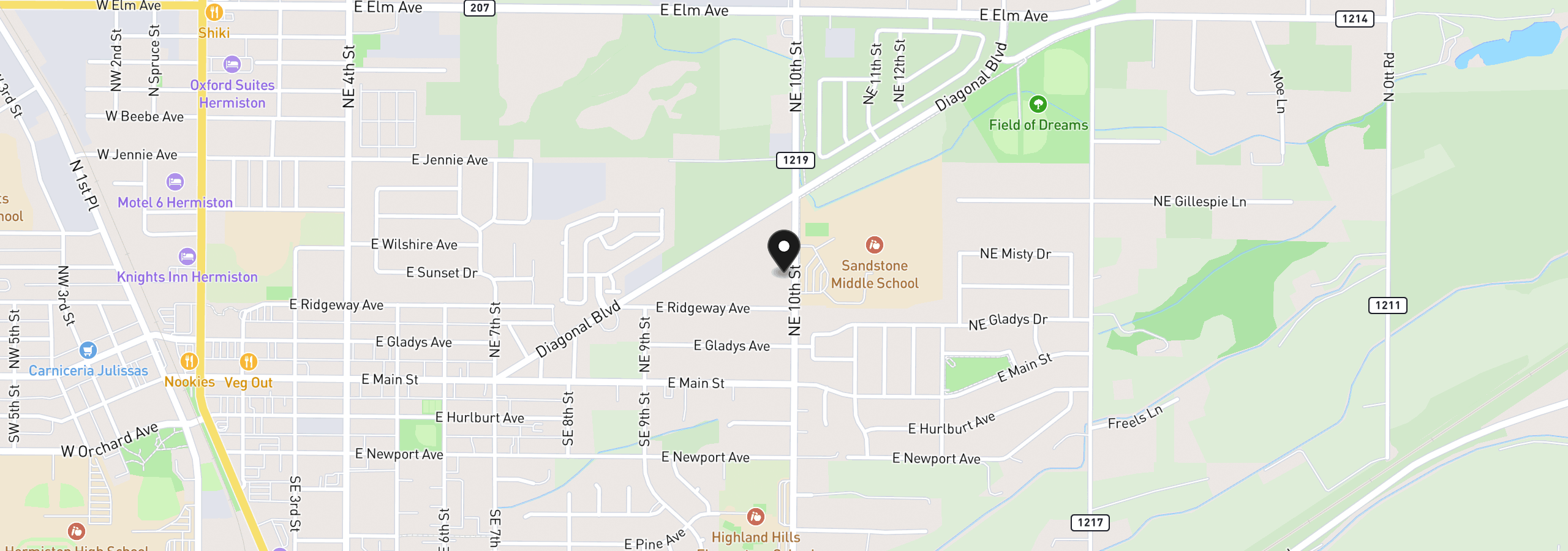 Map showing the location of 395 NE 10th St, Hermiston, OR 97838