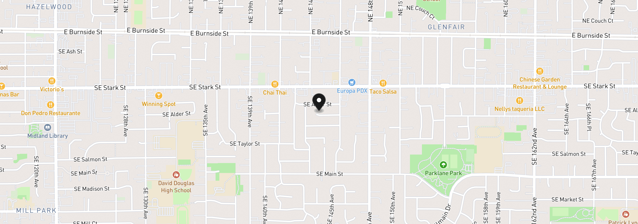 Map showing the location of 14339 SE Alder Ct, Portland, OR 97233