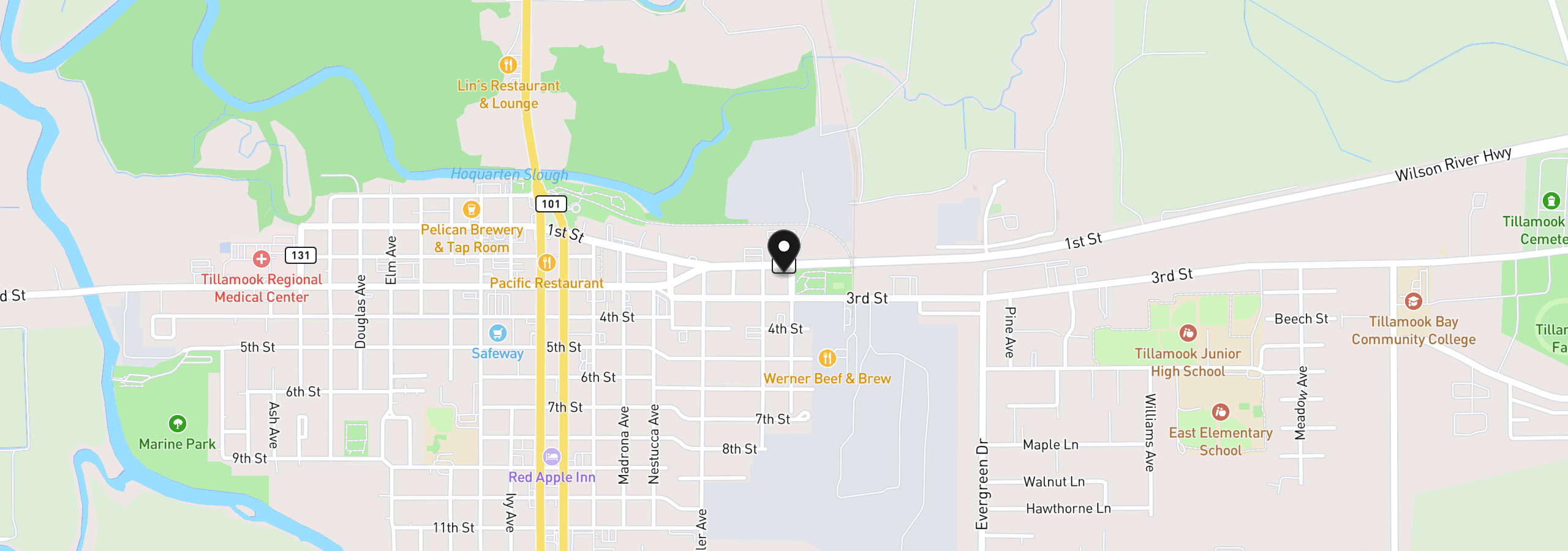 Map showing the location of 104 Del Monte Ave, Tillamook, OR 97141