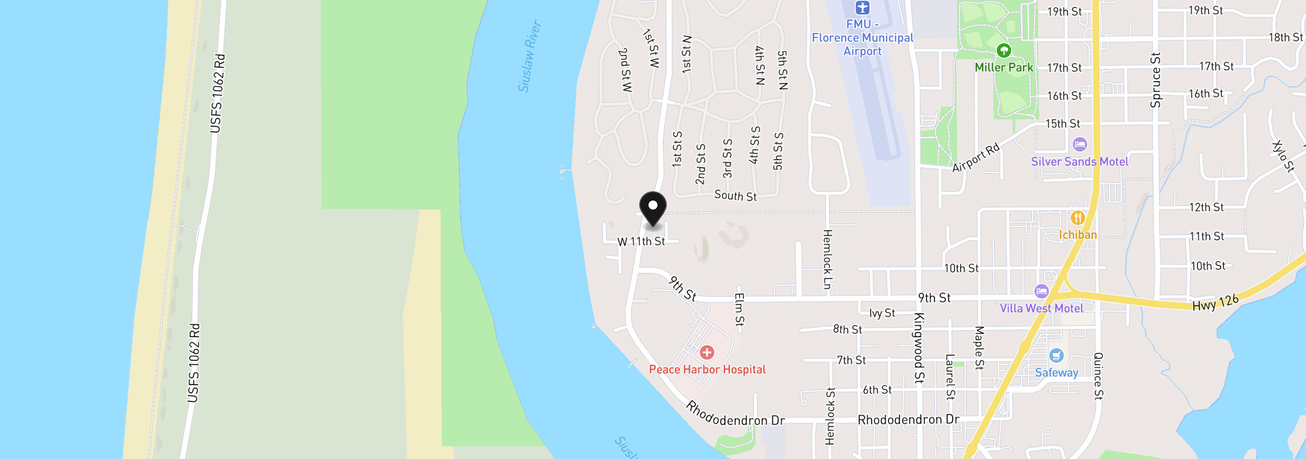 Map showing the location of 1120 Rhododendron Dr, Florence, OR 97439