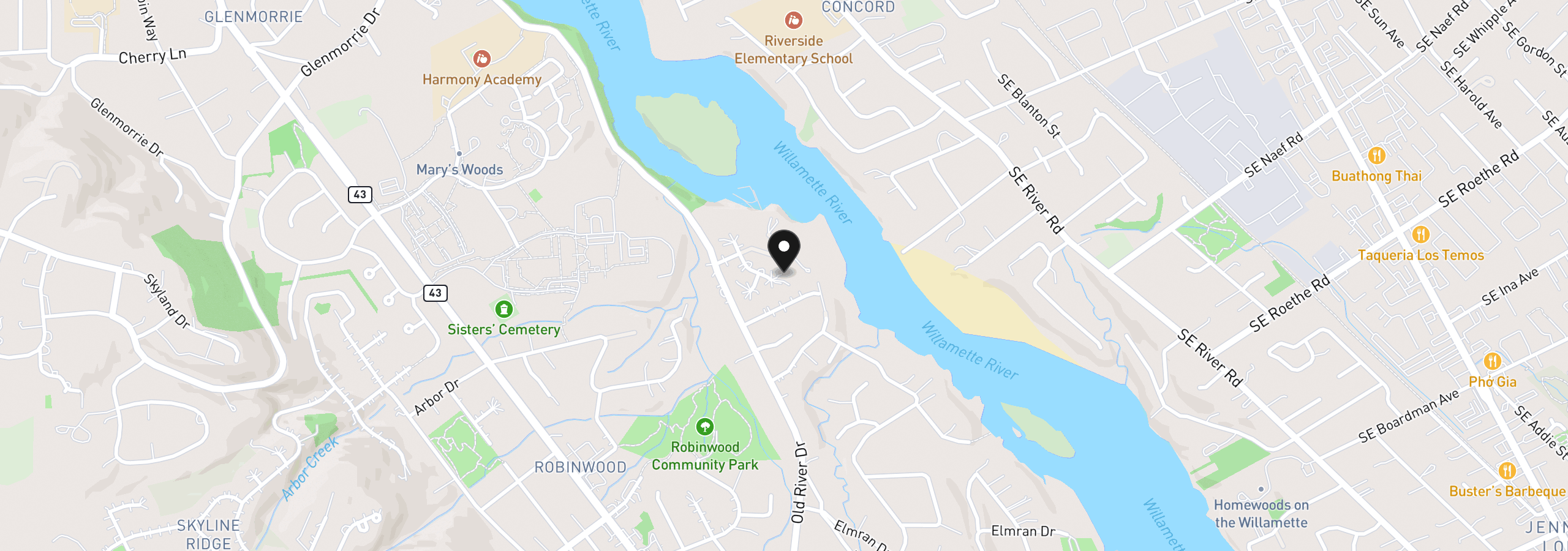 Map showing the location of 18370 River Edge Ln, Lake Oswego, OR 97034
