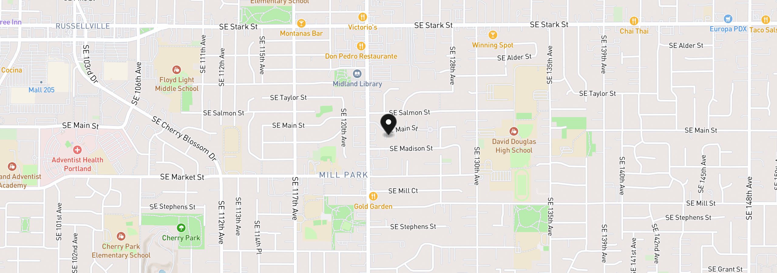Map showing the location of 12300 SE Main St, Portland, OR 97233