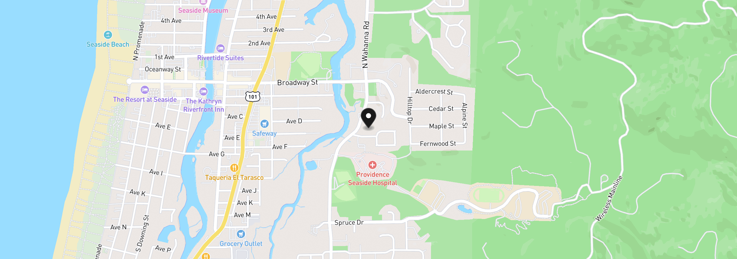 Map showing the location of Vl Whispering Pines Dr, Seaside, OR 97138