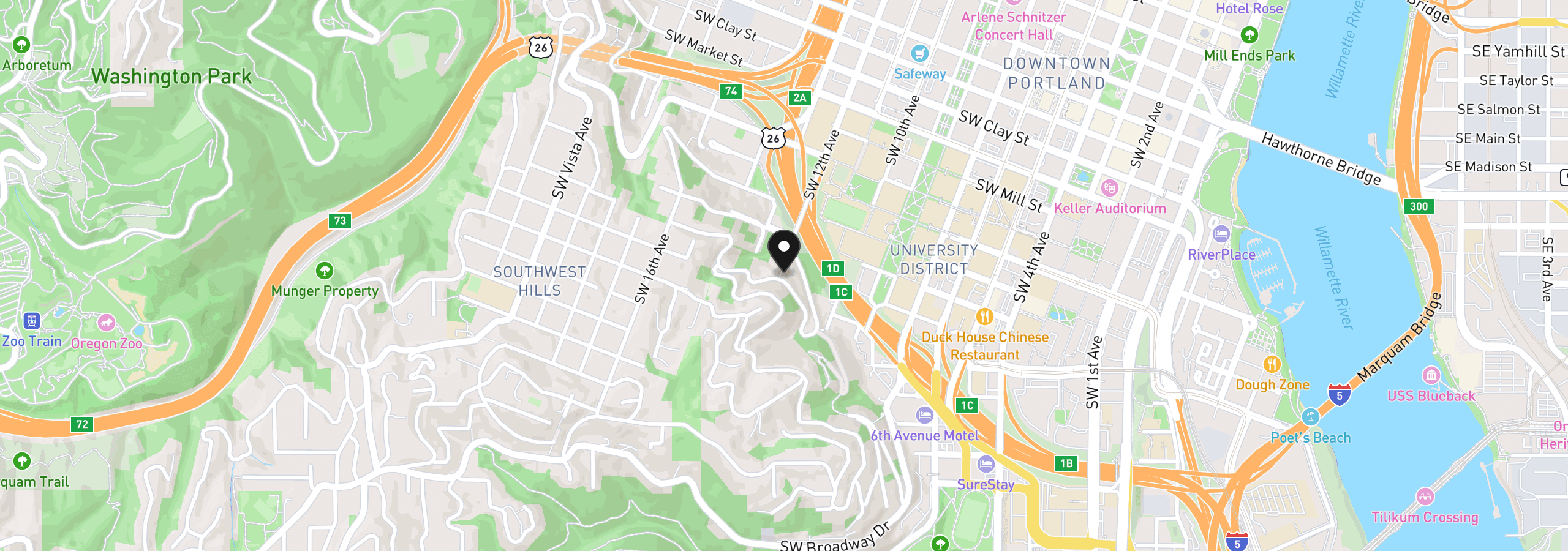 Map showing the location of 1295 SW Cardinell Dr, Portland, OR 97201