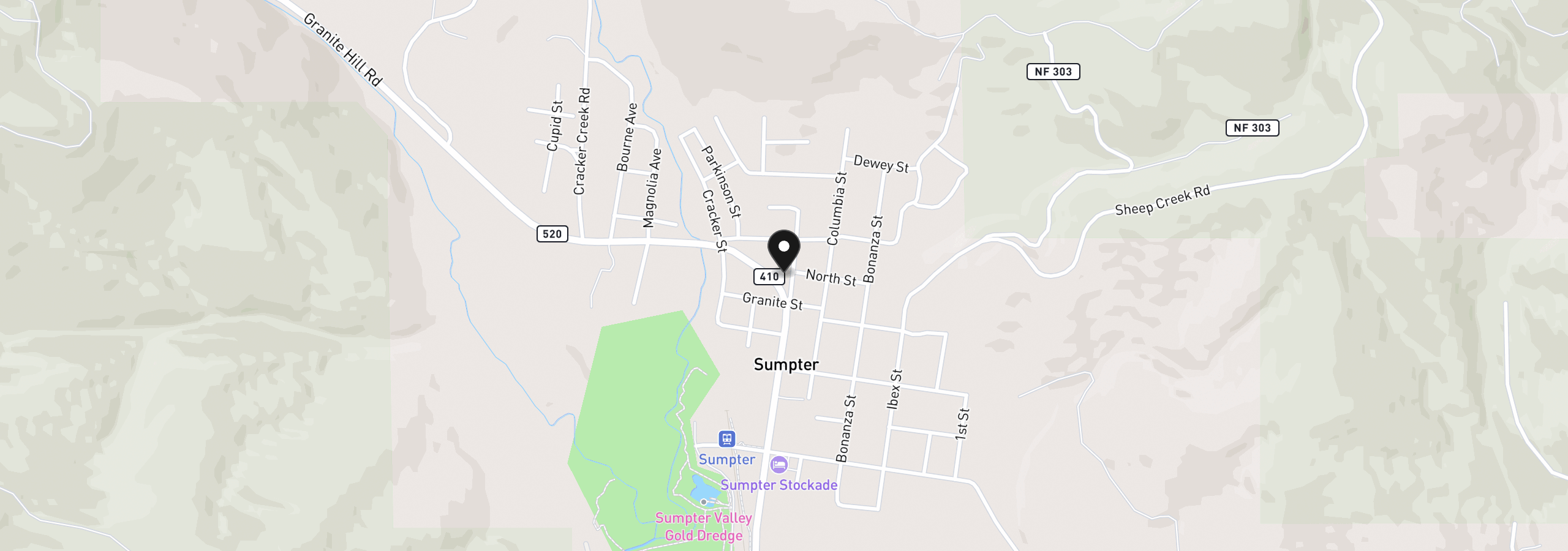 Map showing the location of 120 NW Sumpter Valley Hwy, Sumpter, OR 97877