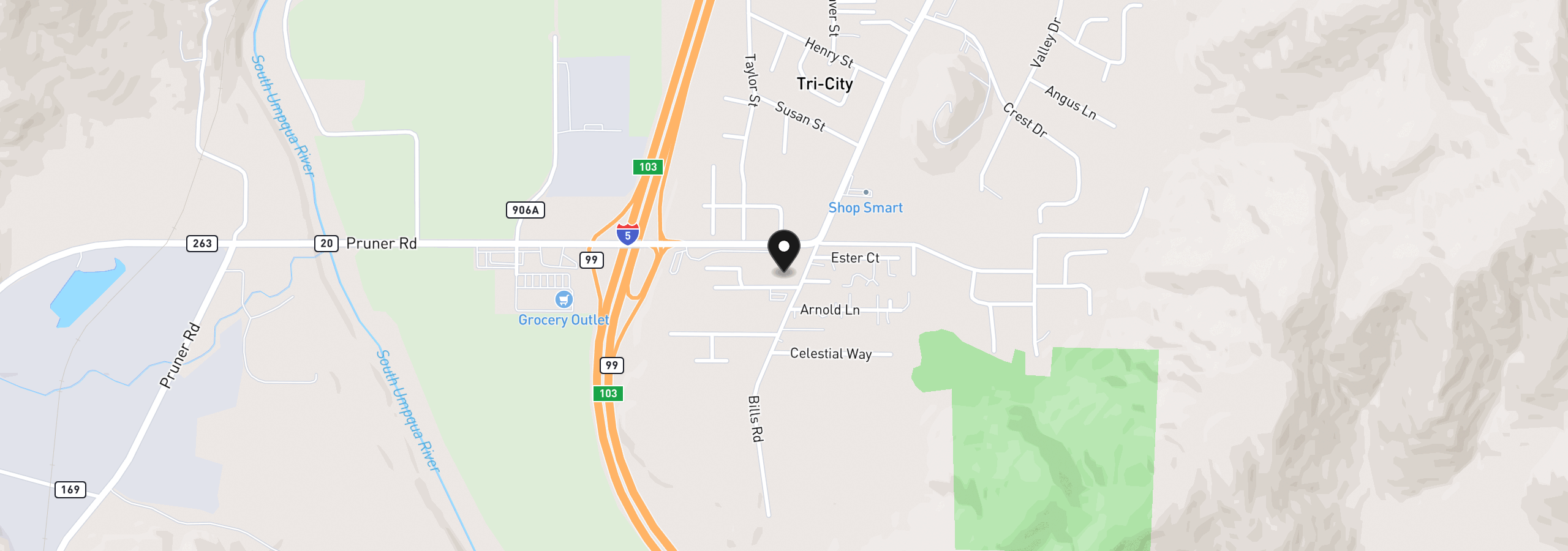 Map showing the location of 143 Briggs Dr, Myrtle Creek, OR 97457