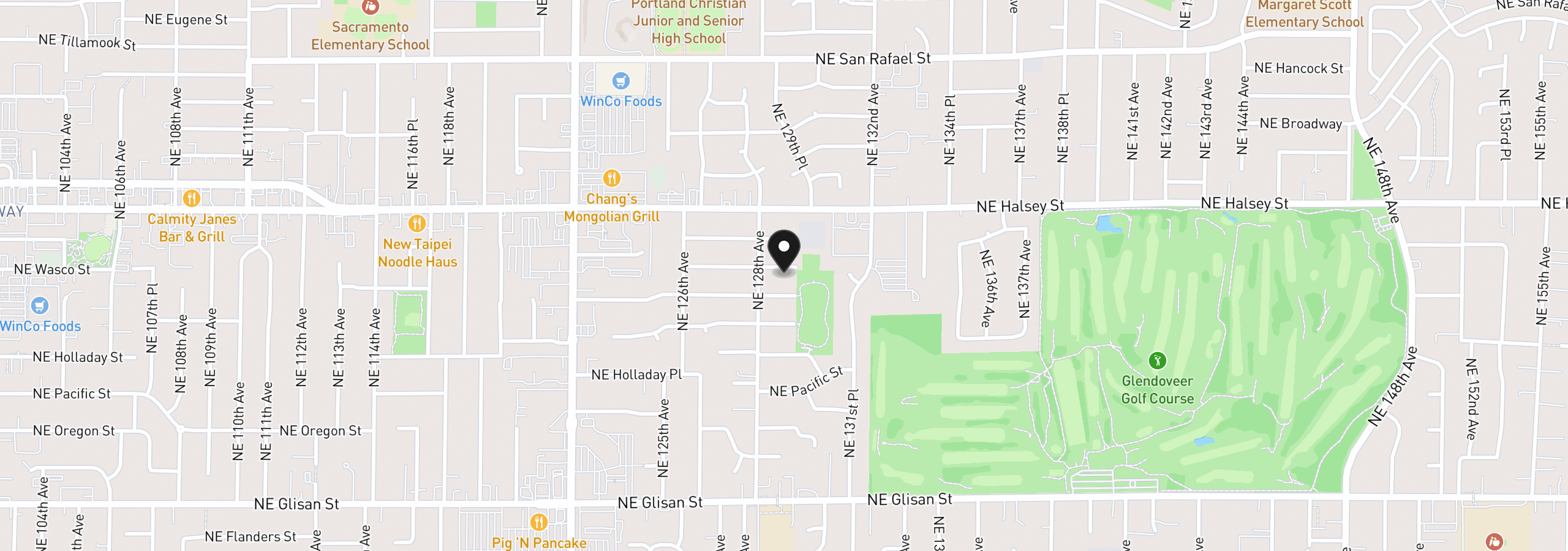 Map showing the location of 12904 NE Wasco St, Portland, OR 97230