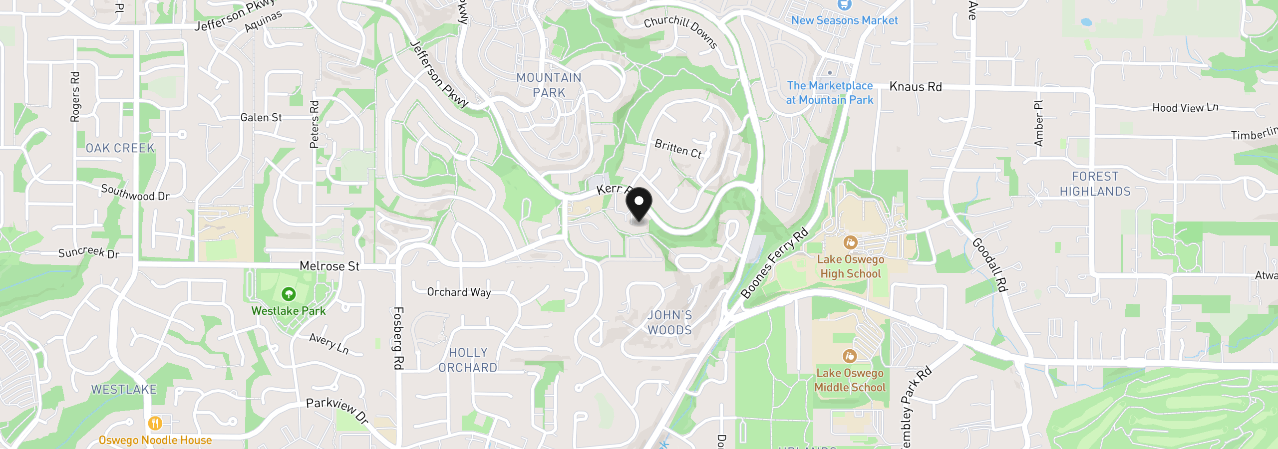 Map showing the location of 100 Kerr Pkwy 52, Lake Oswego, OR 97035