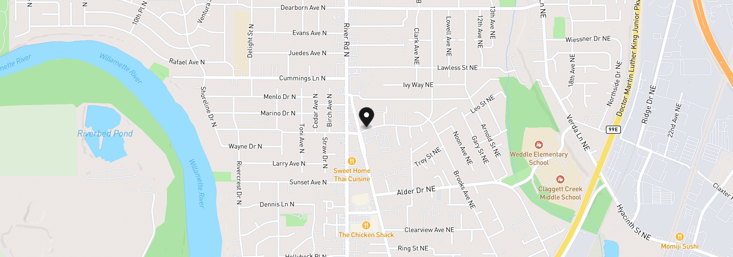 Map showing the location of 563 Manbrin Dr, Keizer, OR 97303