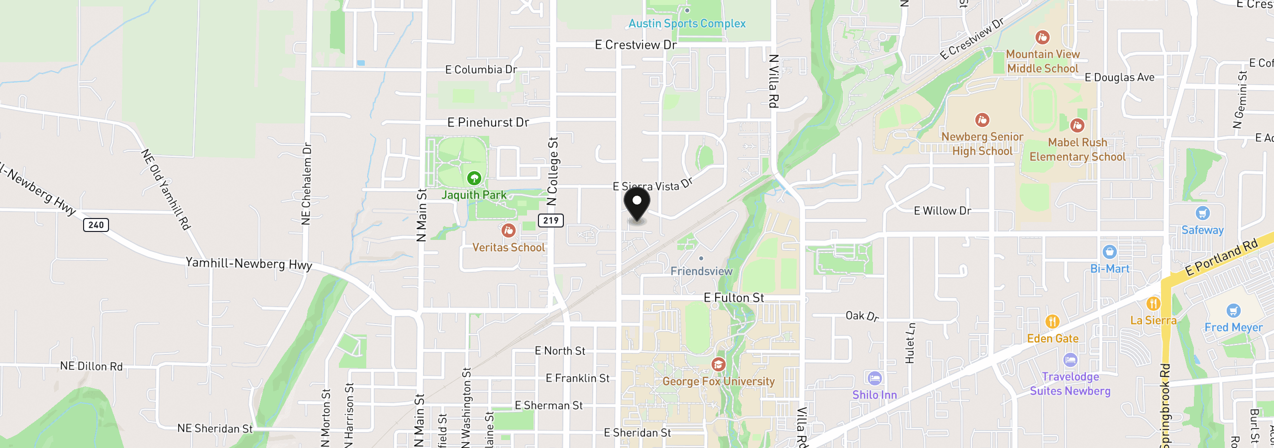 Map showing the location of 1100 N Meridian St 52, Newberg, OR 97132