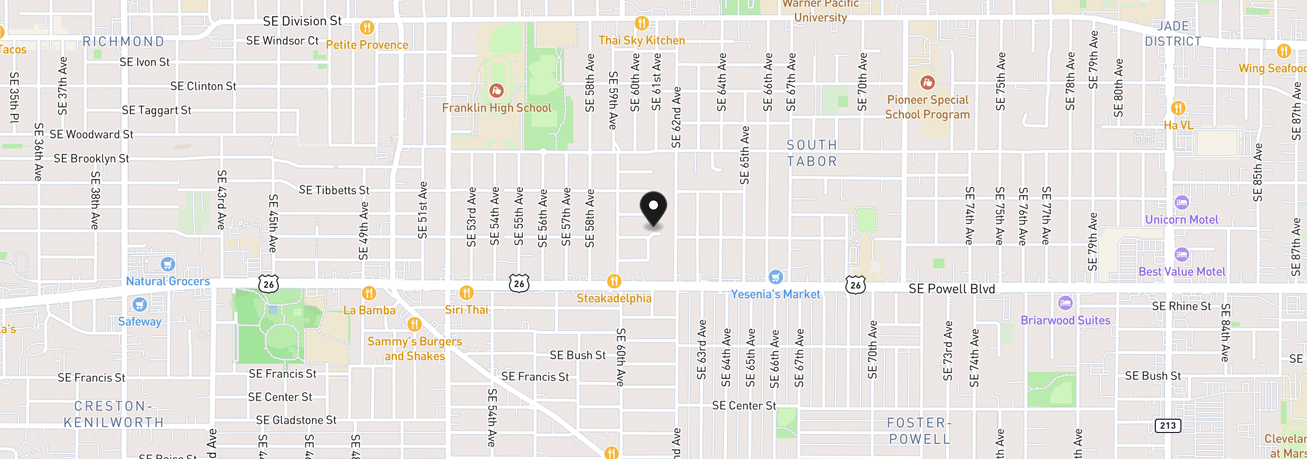 Map showing the location of 6115 SE Franklin St, Portland, OR 97206