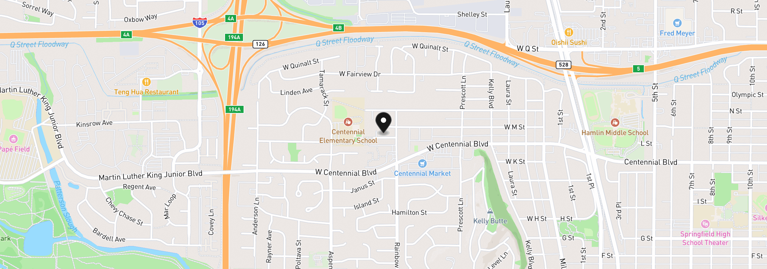 Map showing the location of 968 W L Street, Springfield, OR 97477
