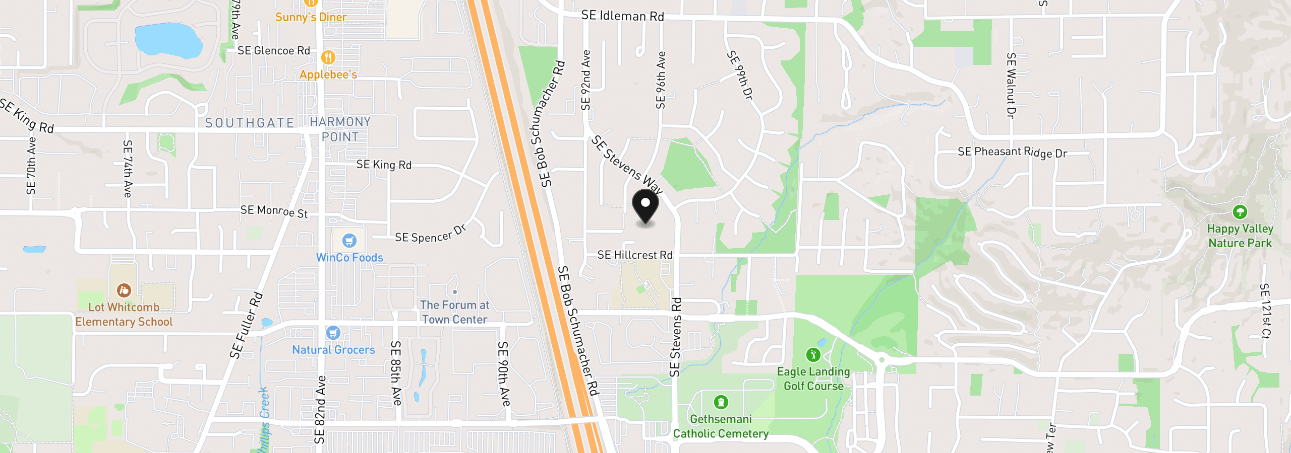 Map showing the location of SE Hillcrest Rd, Happy Valley, OR 97086