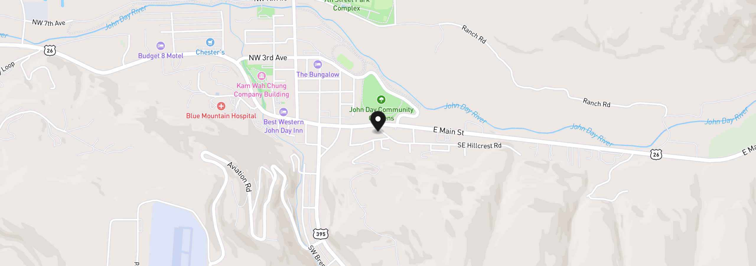 Map showing the location of 100 SE Hillcrest Rd, John Day, OR 97845