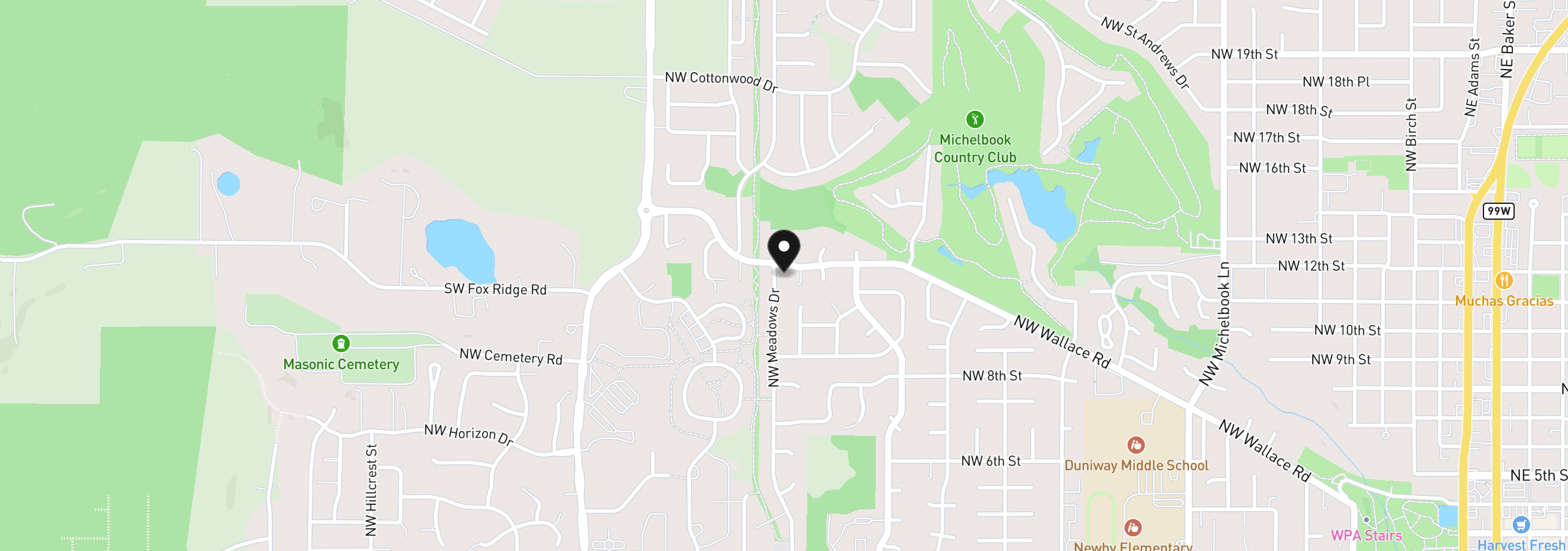 Map showing the location of 1276 NW Meadows Dr, McMinnville, OR 97128