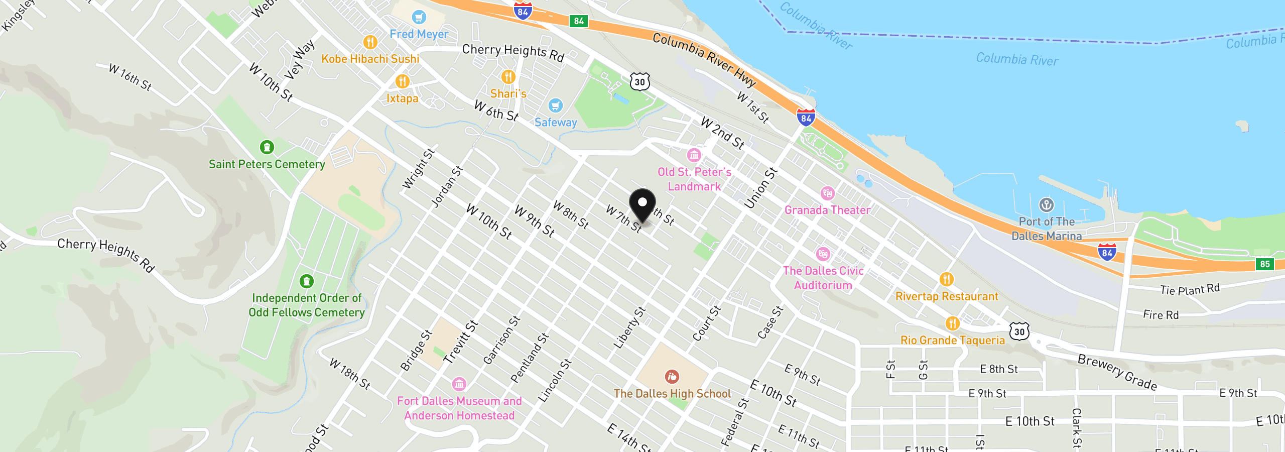 Map showing the location of 309 W 7th St, The Dalles, OR 97058