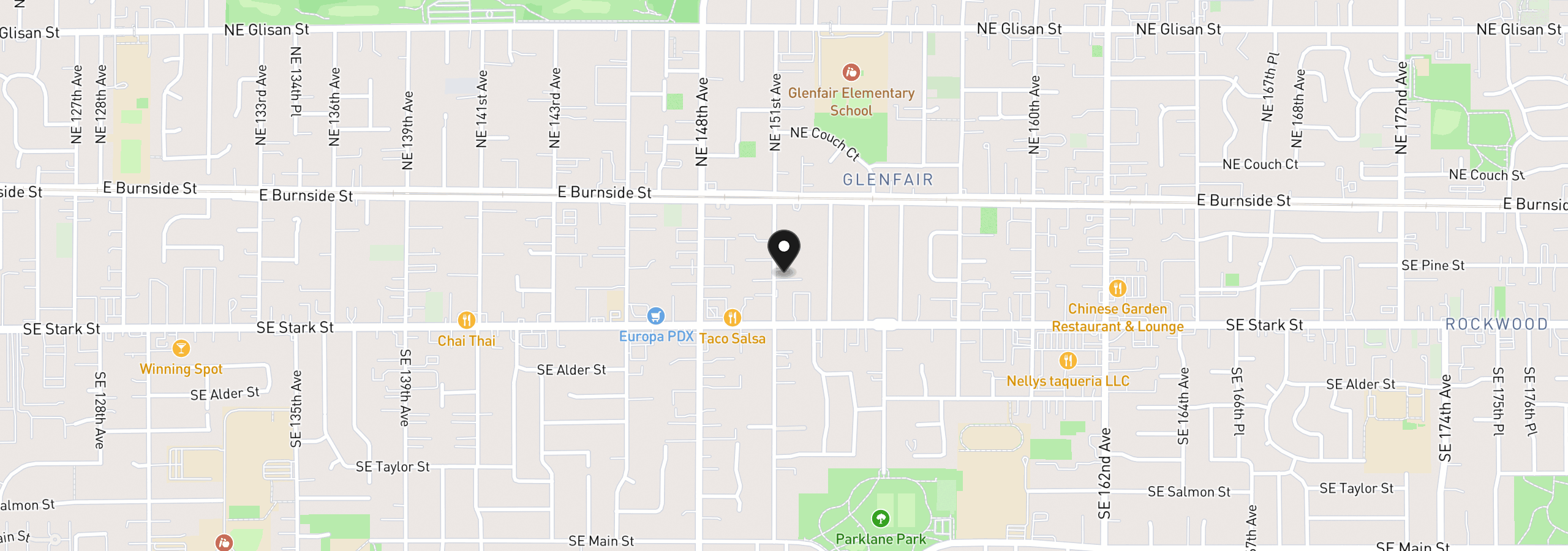 Map showing the location of 15121 SE Pine Ct, Portland, OR 97233