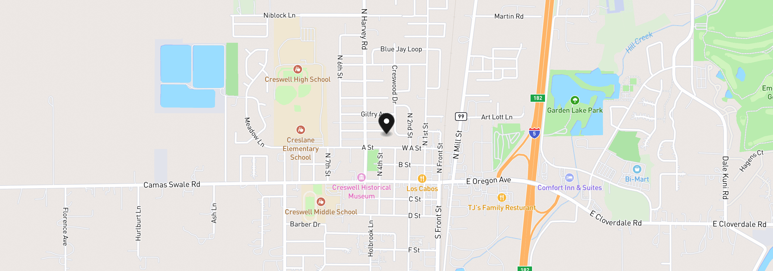 Map showing the location of 347 Scarbrough Ave, Creswell, OR 97426