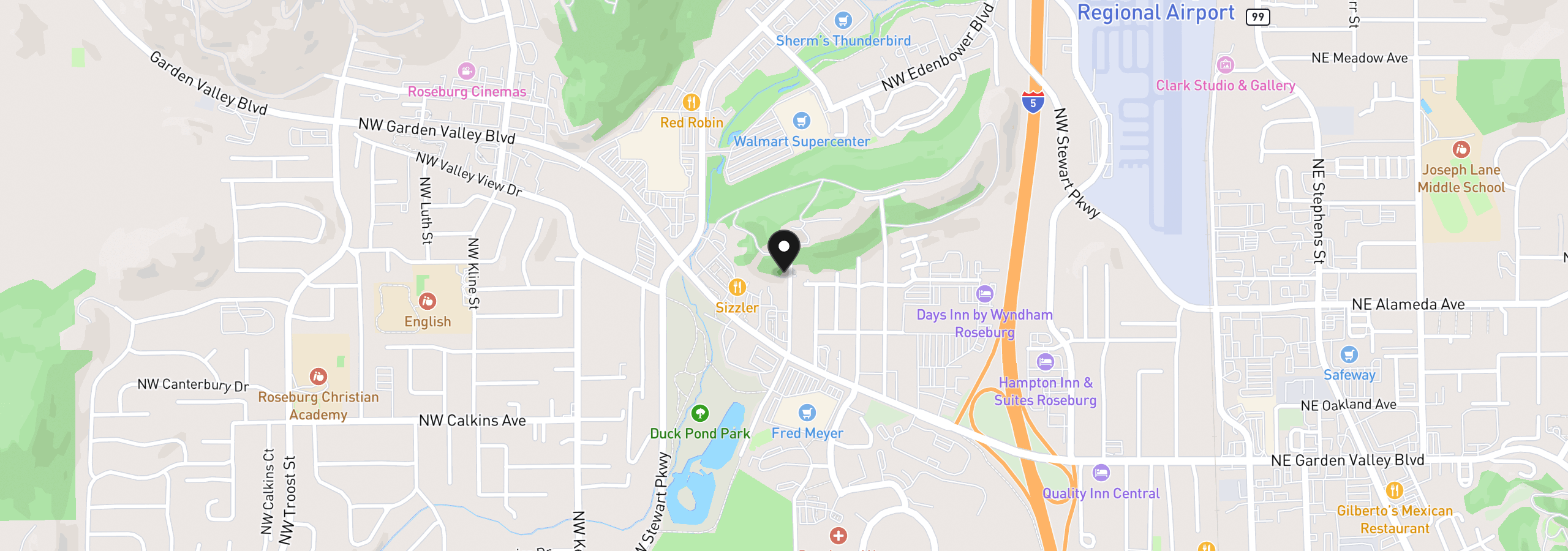 Map showing the location of 1830 NW Goetz St, Roseburg, OR 97471
