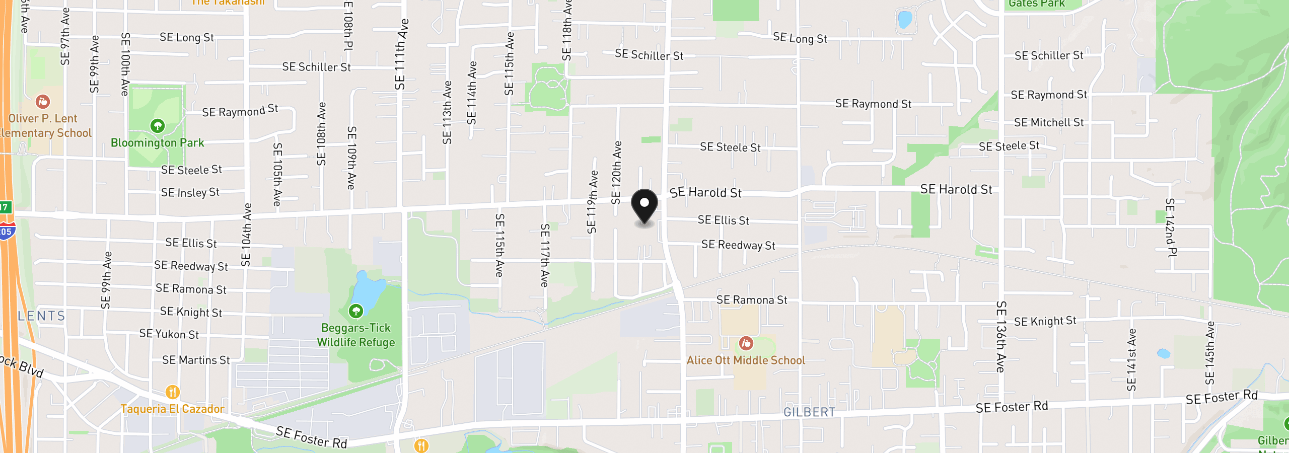 Map showing the location of 12076 SE Harold St, Portland, OR 97266